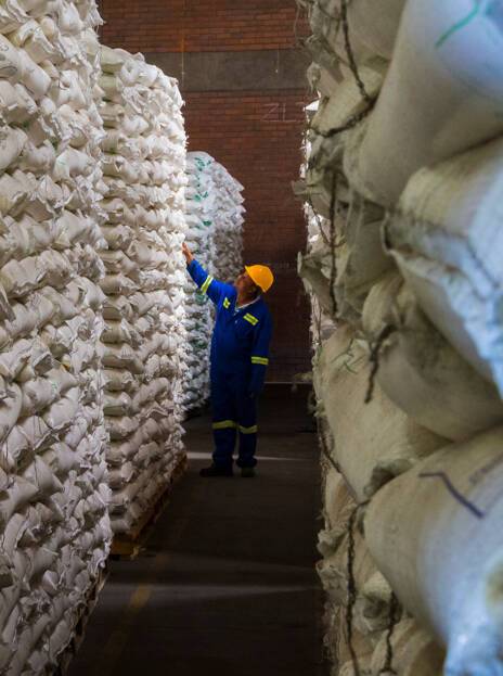 A warehouse worker checking tall stacks of bagged goods in an aisle.